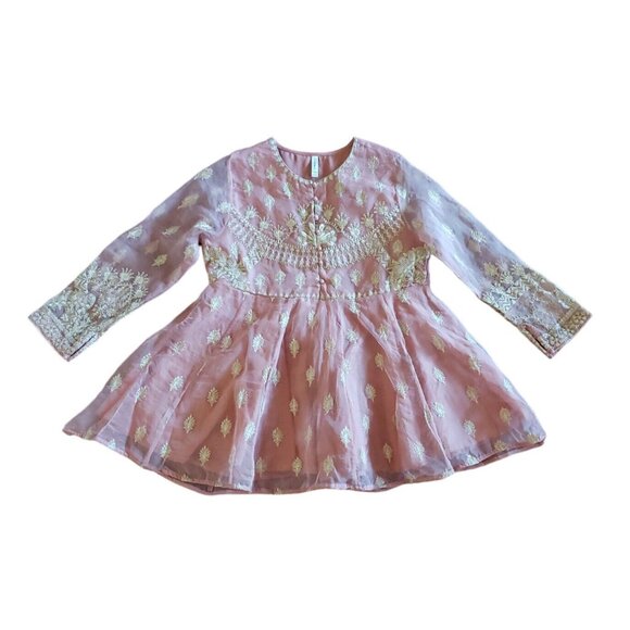 Tops - Women's Powder Coral Organza Gold Embroidery Yok Flare And Sleeves Peplum Top